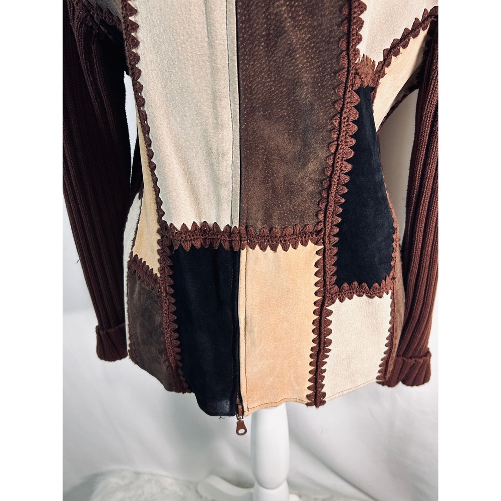 Vintage Patchwork Suede Knit Full Zip Jacket Brown Tan Mock Neck Boho Large - Picture 5 of 11